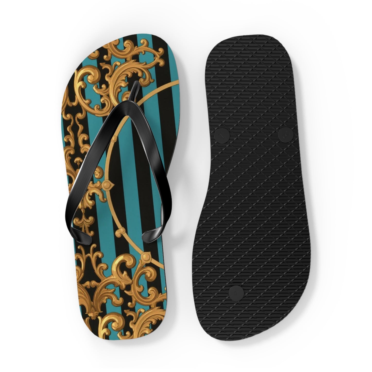 Elegant Turquoise & Black Striped Gold Baroque Patterned Flip Flops for Beach, Summer Vibes, Vacation Essentials, Stylish Footwear