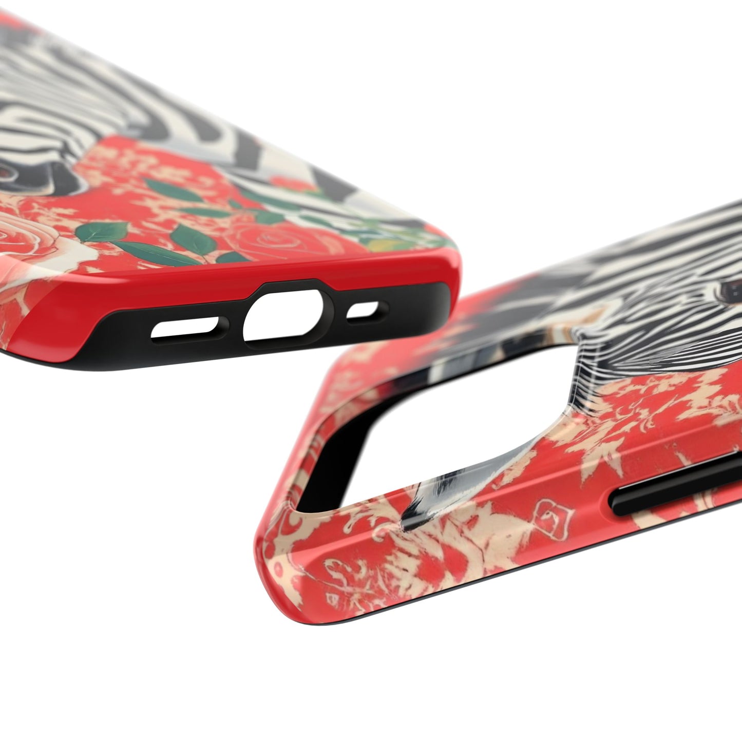 Zebra Tough Phone Case - Trendy Floral Design for Animal Lovers - Zebra With Coral Roses & Damask