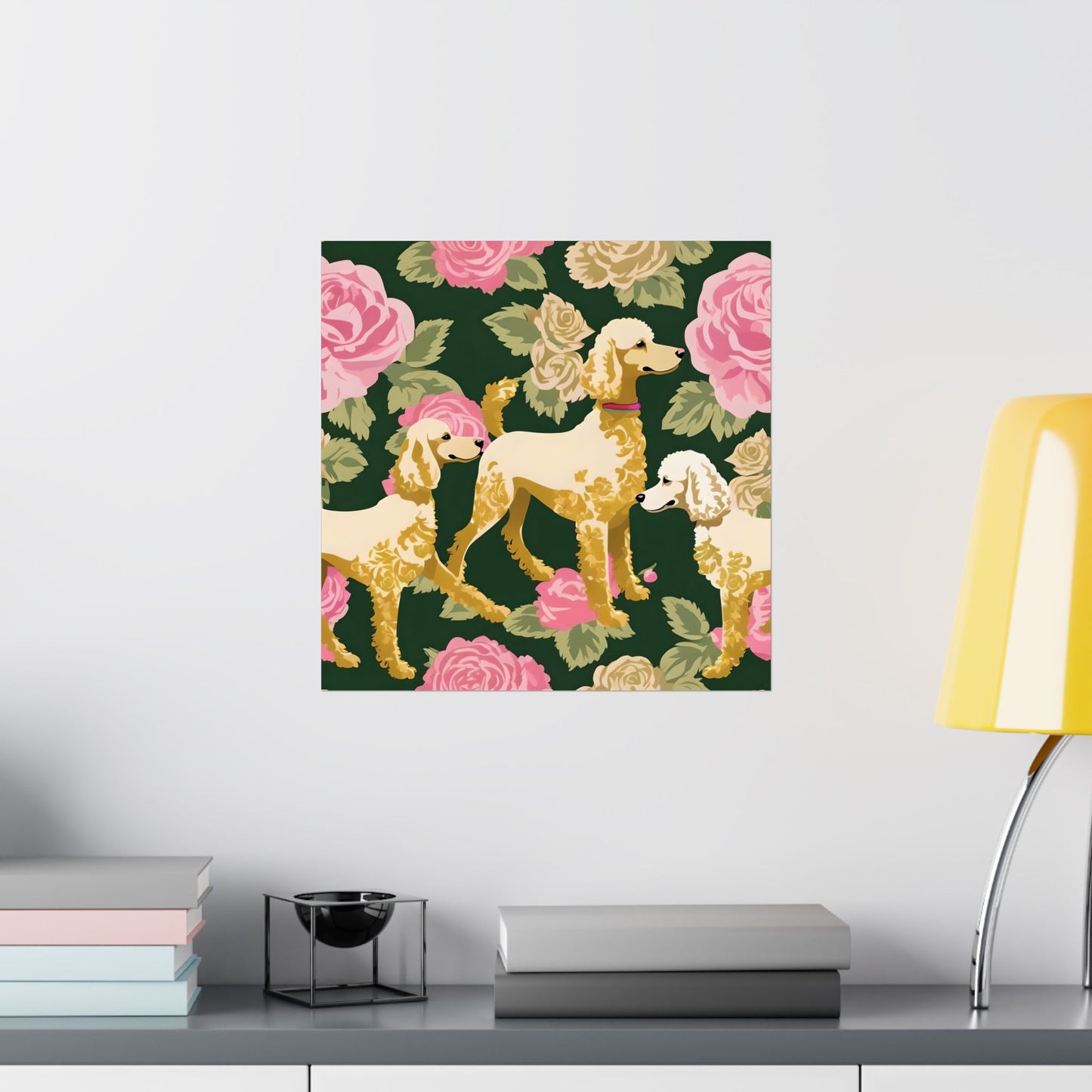 Vertical Poster - Elegant Matte Floral Art Wall Decor - Damask Poodles In Dark Green & Pink Roses