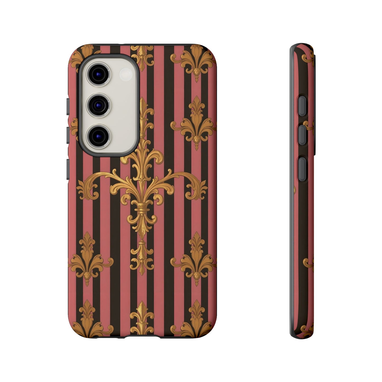 Elegant Floral Motif Phone Case - Tough Cases with Vintage Design - Mauve Striped Gold Damask