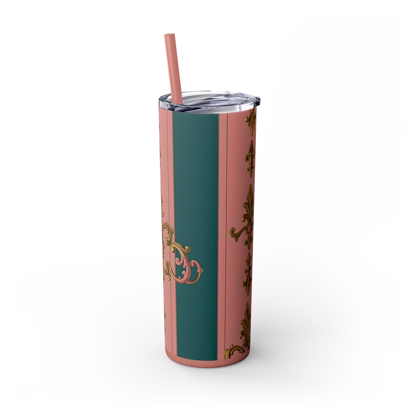 Elegant Pink and Green Skinny Tumbler with Straw, 20oz - Ideal for Gifts, Travel, Home, Events - Pink & Teal Striped Gold Baroque