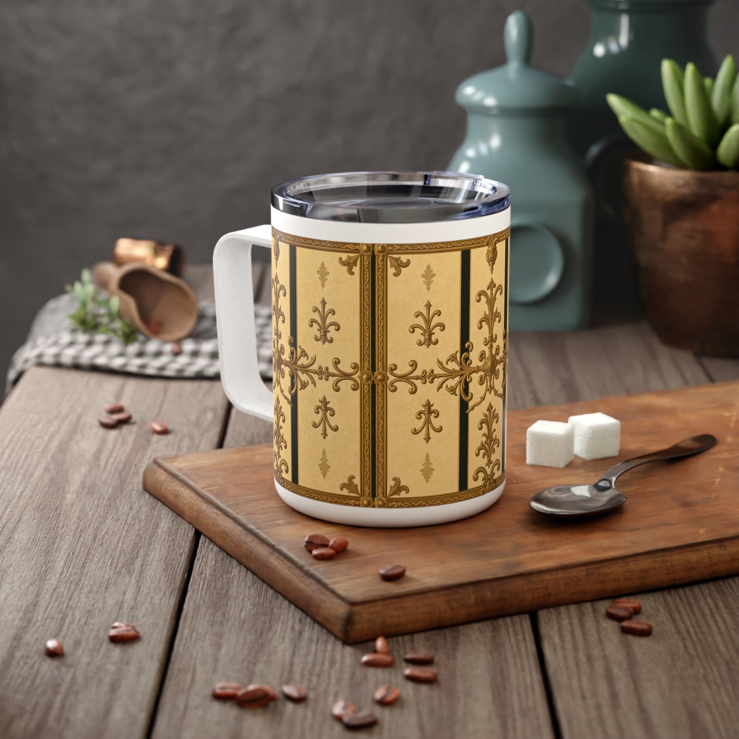 Elegant Insulated Coffee Mug, Vintage Design Travel Cup, Perfect Gift for Coffee Lovers, Stylish Kitchen Accessory - Matte Yellow Striped Antique Rococo