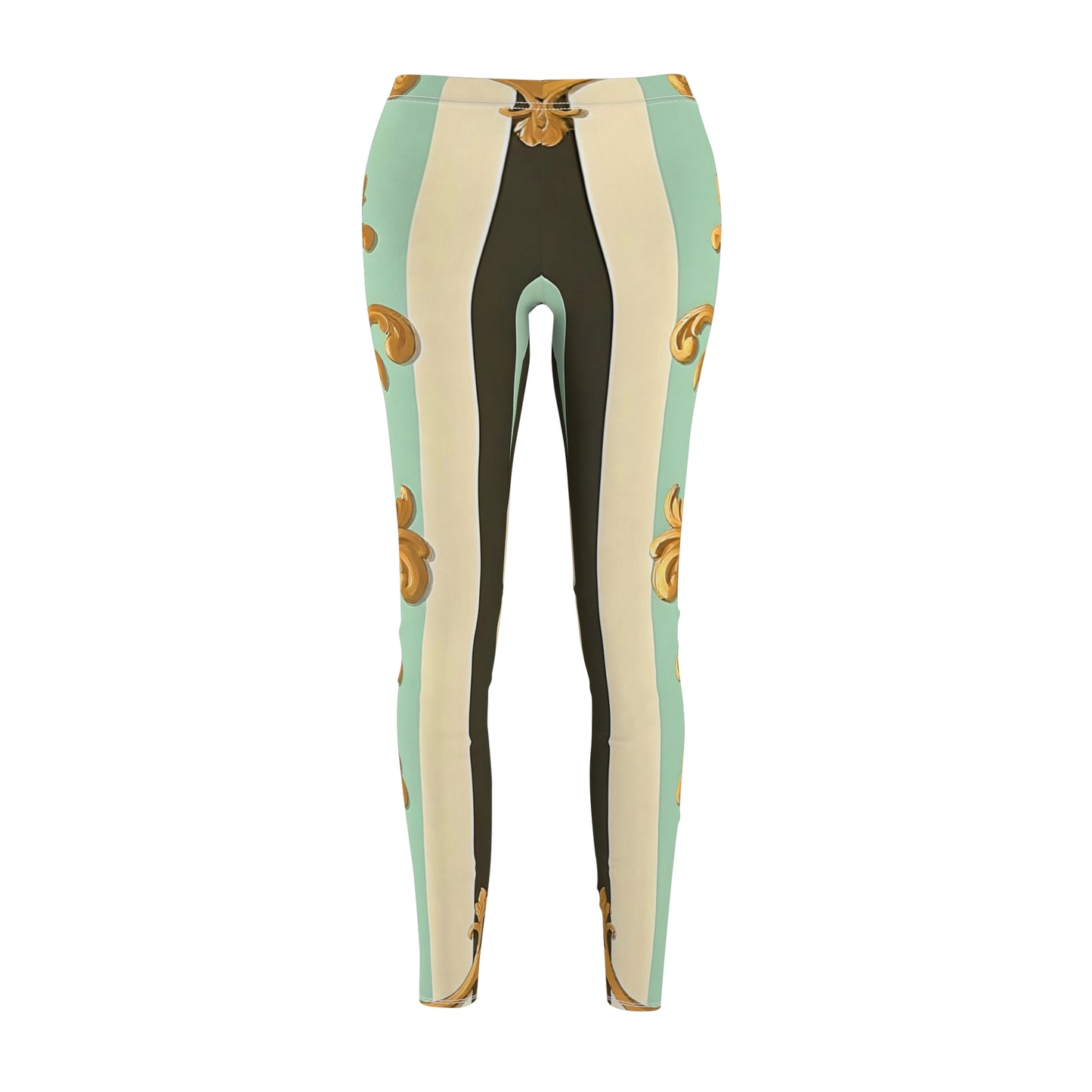 Elegant AOP Women's Leggings, Fashionable Activewear, Chic Workout Pants, Unique Casual Style - Black & Matte Mint Striped Rococo