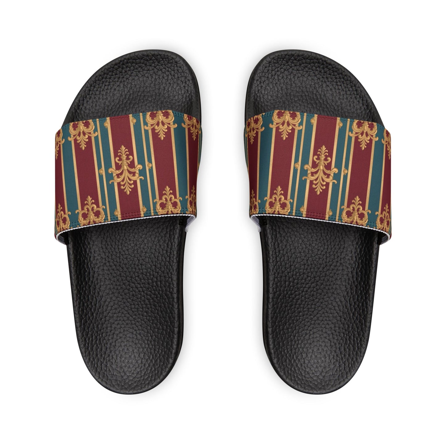 Chic Women's Removable-Strap Sandals, Summer Beach Footwear, Casual Slip-Ons, Trendy Slide Sandals - Burgundy Striped Gold Baroque