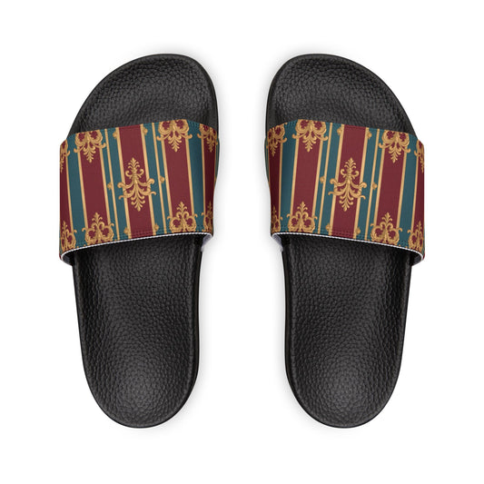 Chic Women's Removable-Strap Sandals, Summer Beach Footwear, Casual Slip-Ons, Trendy Slide Sandals - Burgundy Striped Gold Baroque
