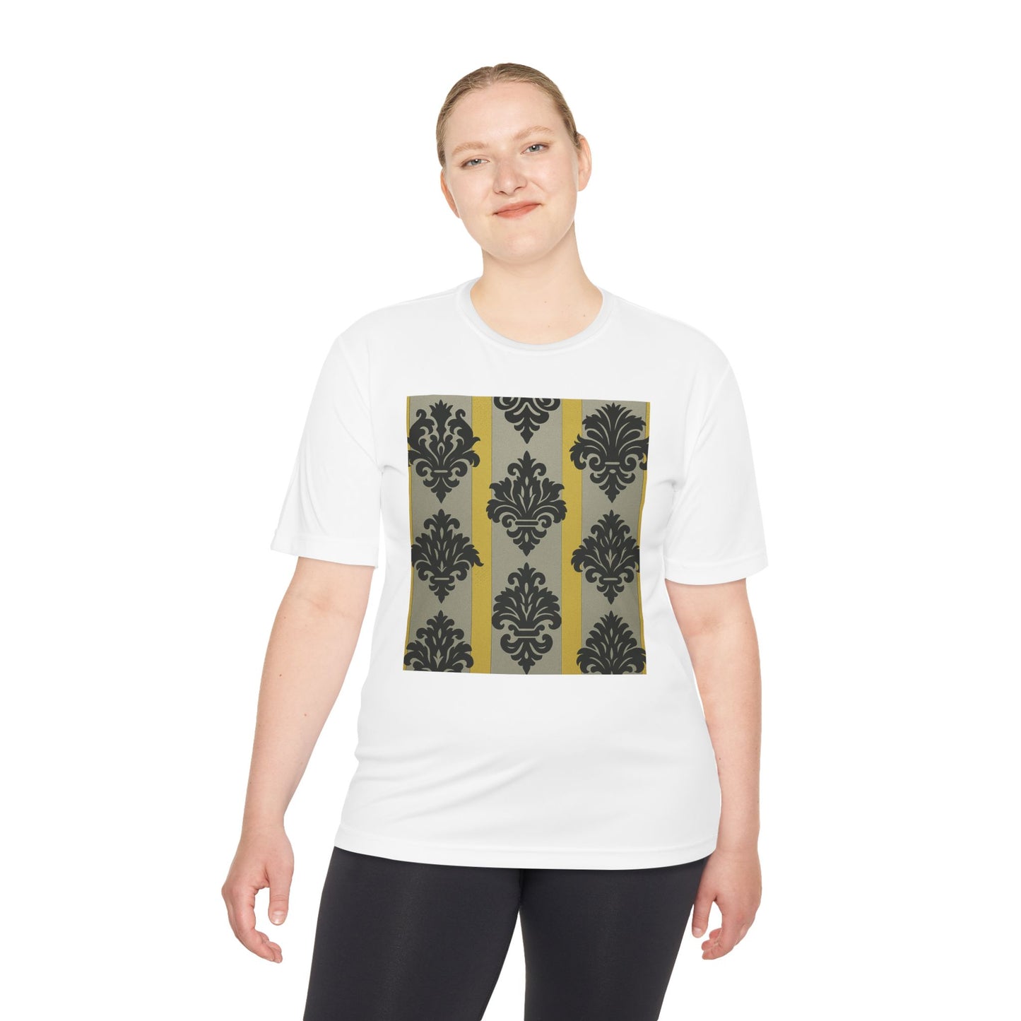 Elegant Patterned Unisex Moisture Wicking Tee, Activewear, Casual Tee, Gift for Him/Her, Stylish Sportswear - Silver & Gold Striped Black Baroque