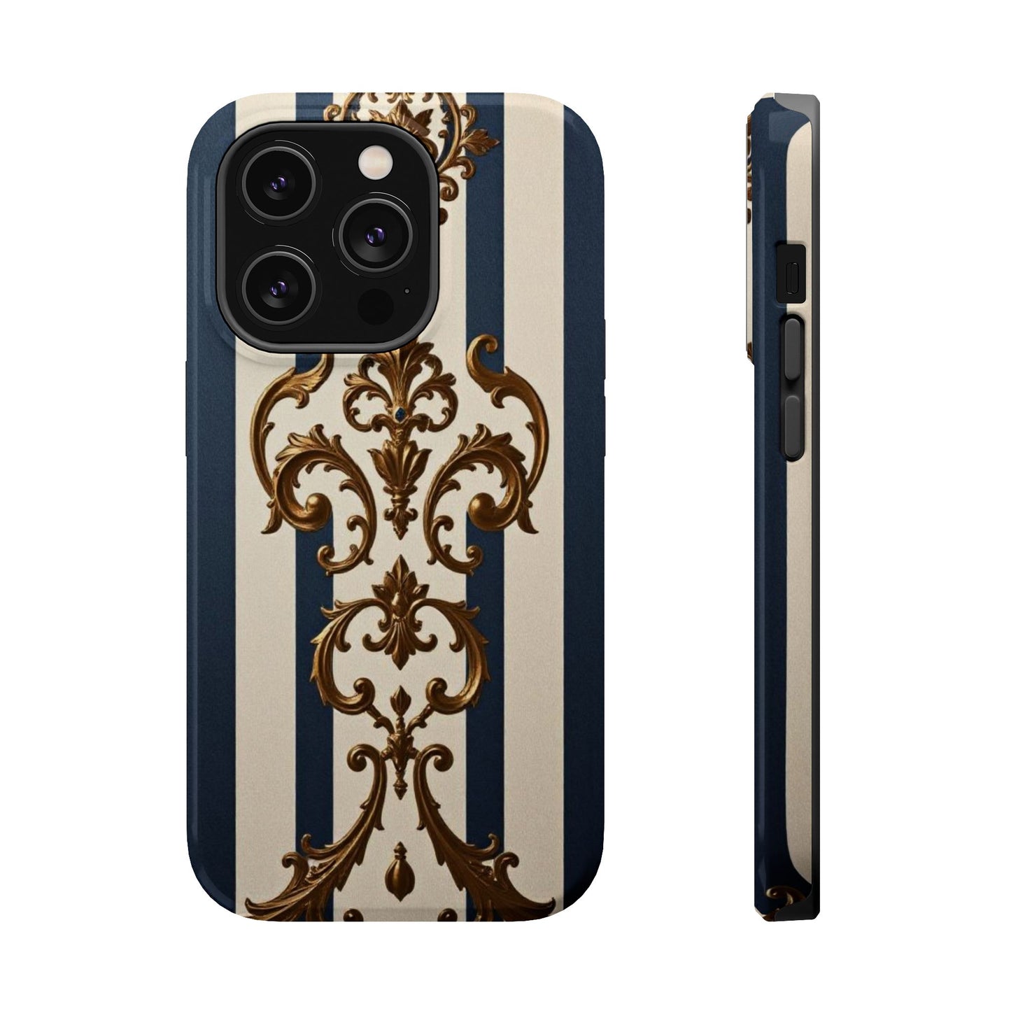 Elegant Striped Magnetic Tough Case - Classic Blue and Gold Damask Design