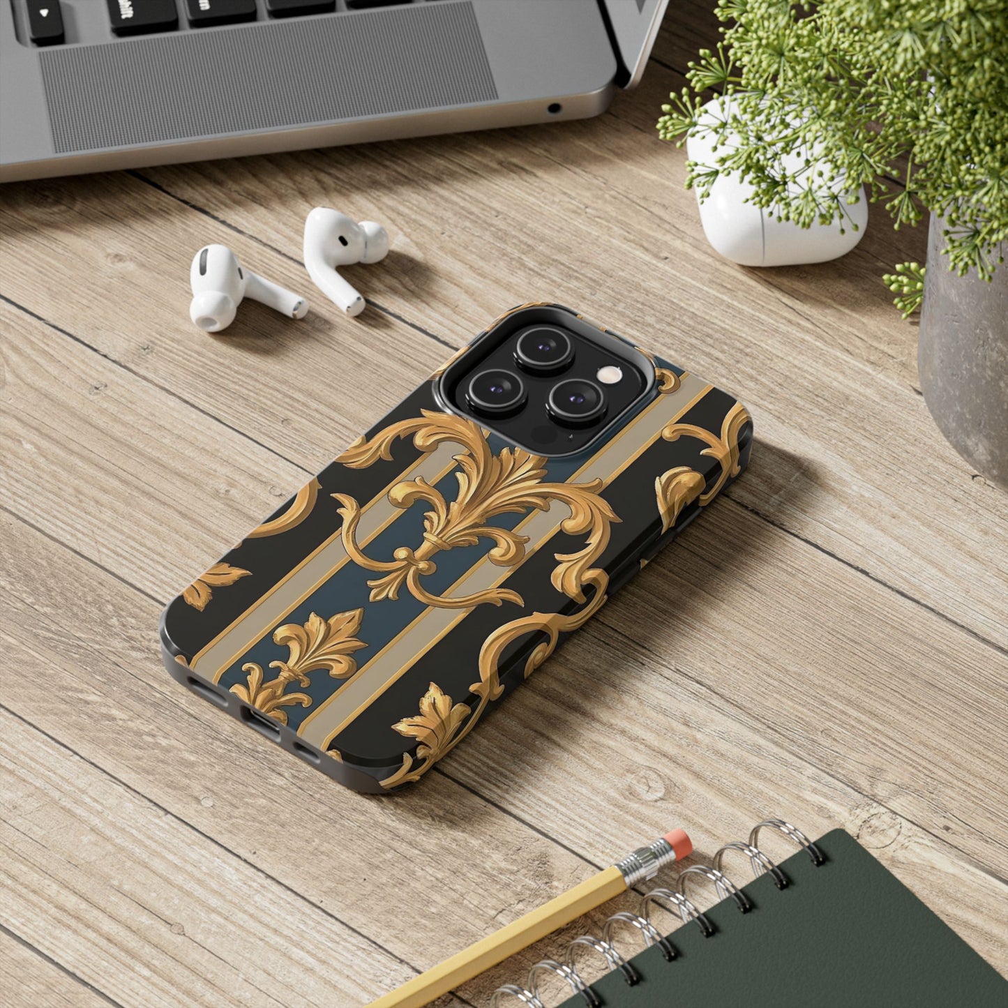 Elegant Rococo Phone Cases, Tough iPhone Case, Floral Design Case, Luxury Phone Cover - Blue & Black Striped Rococo