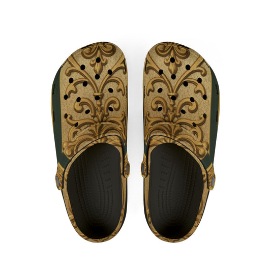 Elegant Teal Striped Gold Baroque Patterned EVA Foam Clogs, Comfortable Garden Shoes, Lightweight Slip-Ons for Everyday Wear, Unique House Slippers, Fashionable [...]