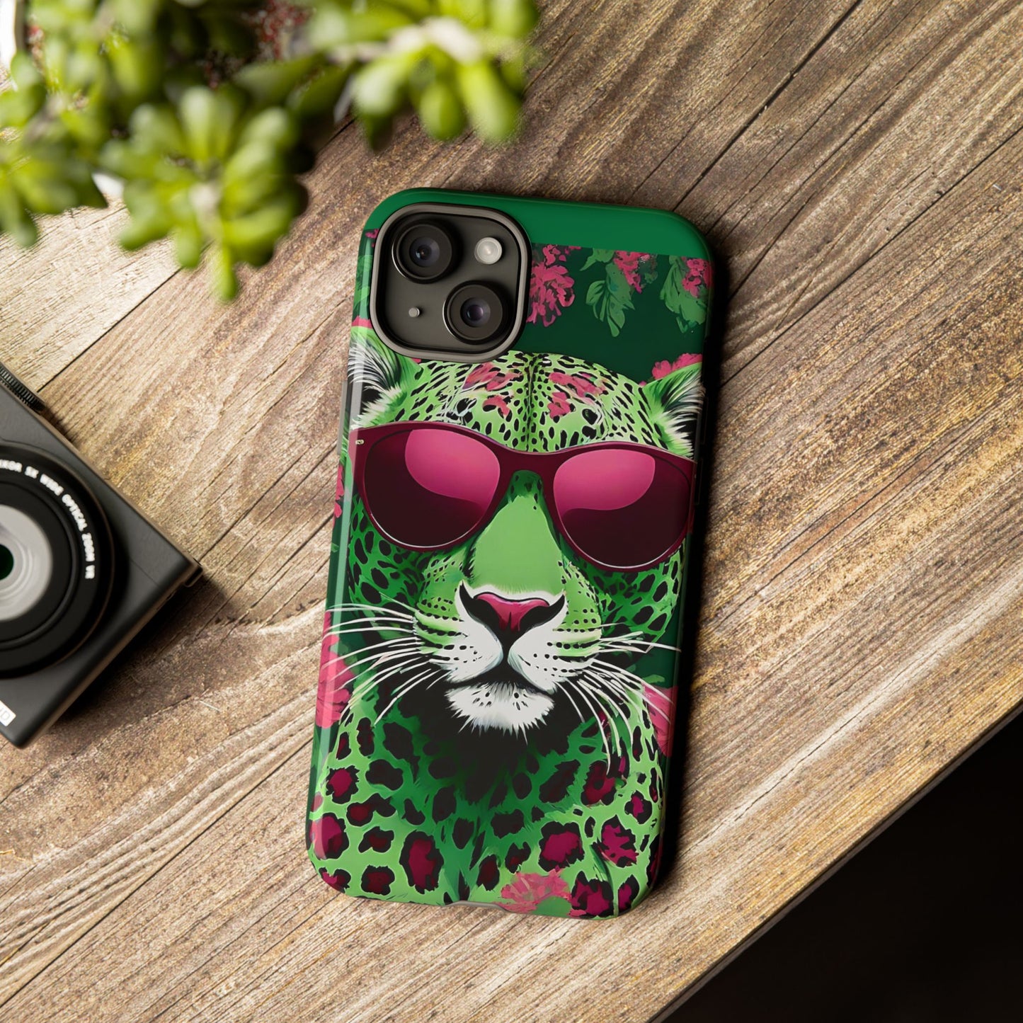 Phone Case - Lime Green & Burgundy Leopard In Sunglasses Design