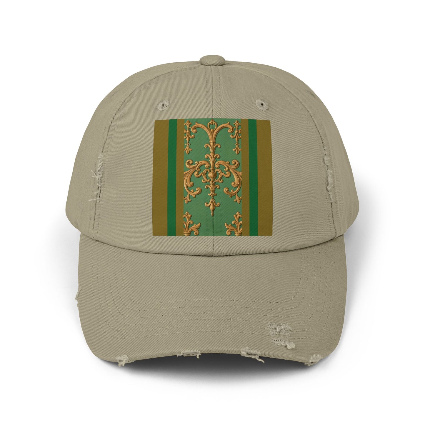 Stylish Unisex Distressed Cap with Unique Floral Design, Trending Accessory for Men and Women - Olive Green Striped Rococo