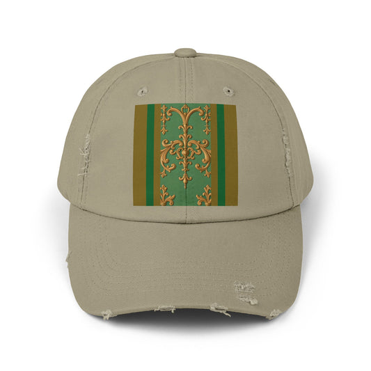Stylish Unisex Distressed Cap with Unique Floral Design, Trending Accessory for Men and Women - Olive Green Striped Rococo