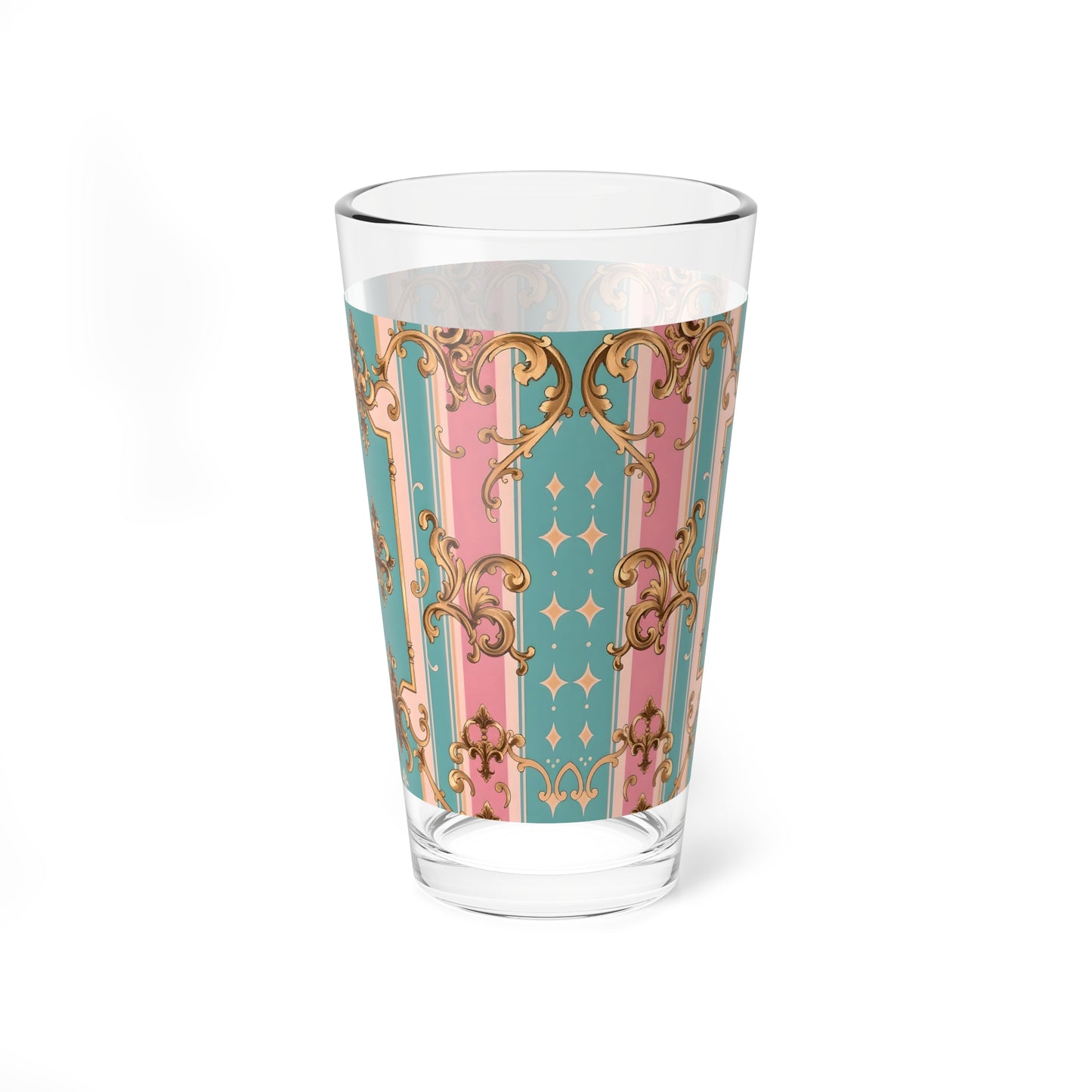 Elegant Mixing Glass, 16oz - Decorative Drinkware for Cocktails, Parties, Home Bar, Gift for Her - Pink & Matte Turquoise Striped Rococo