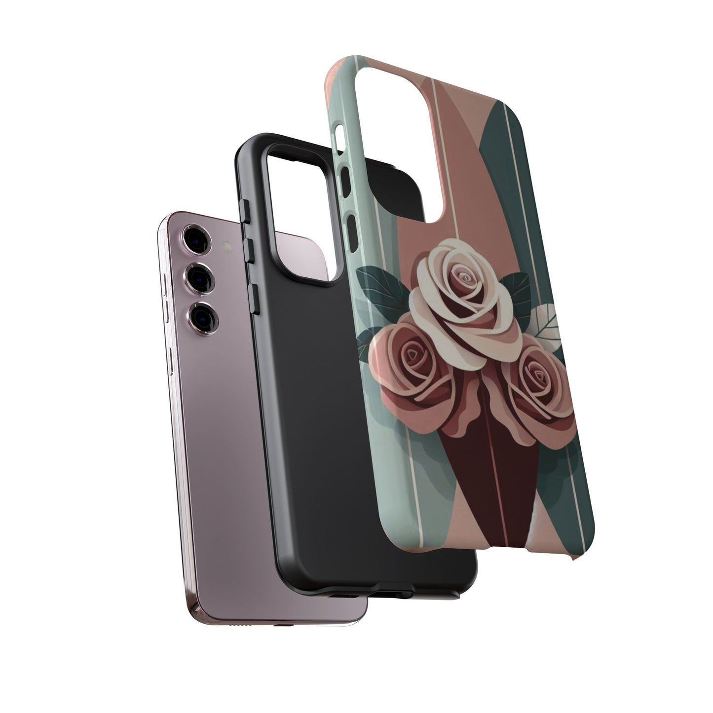 Phone Case - Burgundy, Matte Mauve & Teal Surfboard & Roses Design