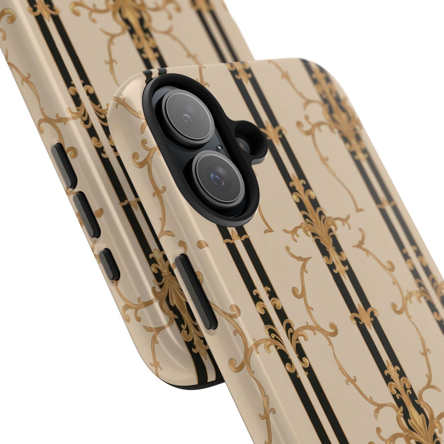 Elegantly Tough Phone Cases | Stylish Phone Covers, Durable Cases, Fashionable Accessories - Black & Beige Striped Damask