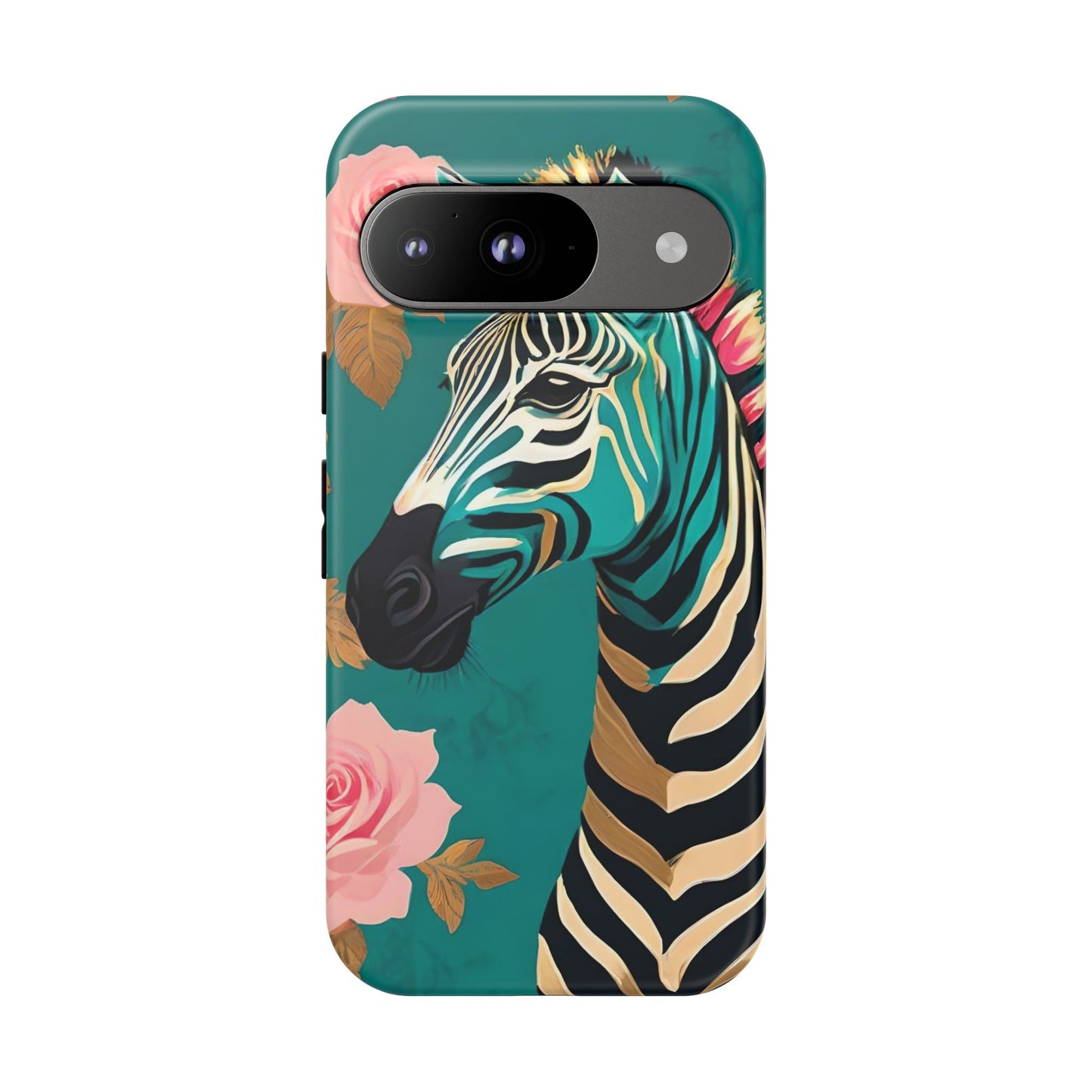 Phone Case - Elegant Teal & Gold Zebra & Roses Design