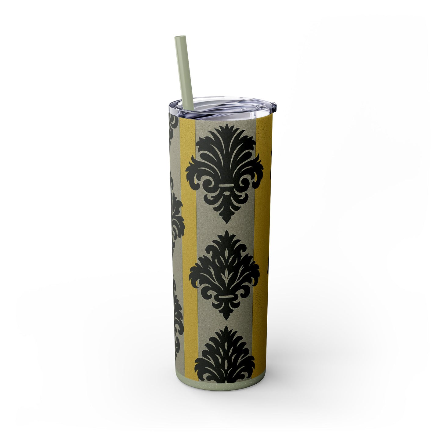 Elegant Baroque Skinny Tumbler, 20oz Travel Mug, Stylish Drinkware for Home or Office, Unique Gift for Her - Silver & Gold Striped Black Baroque