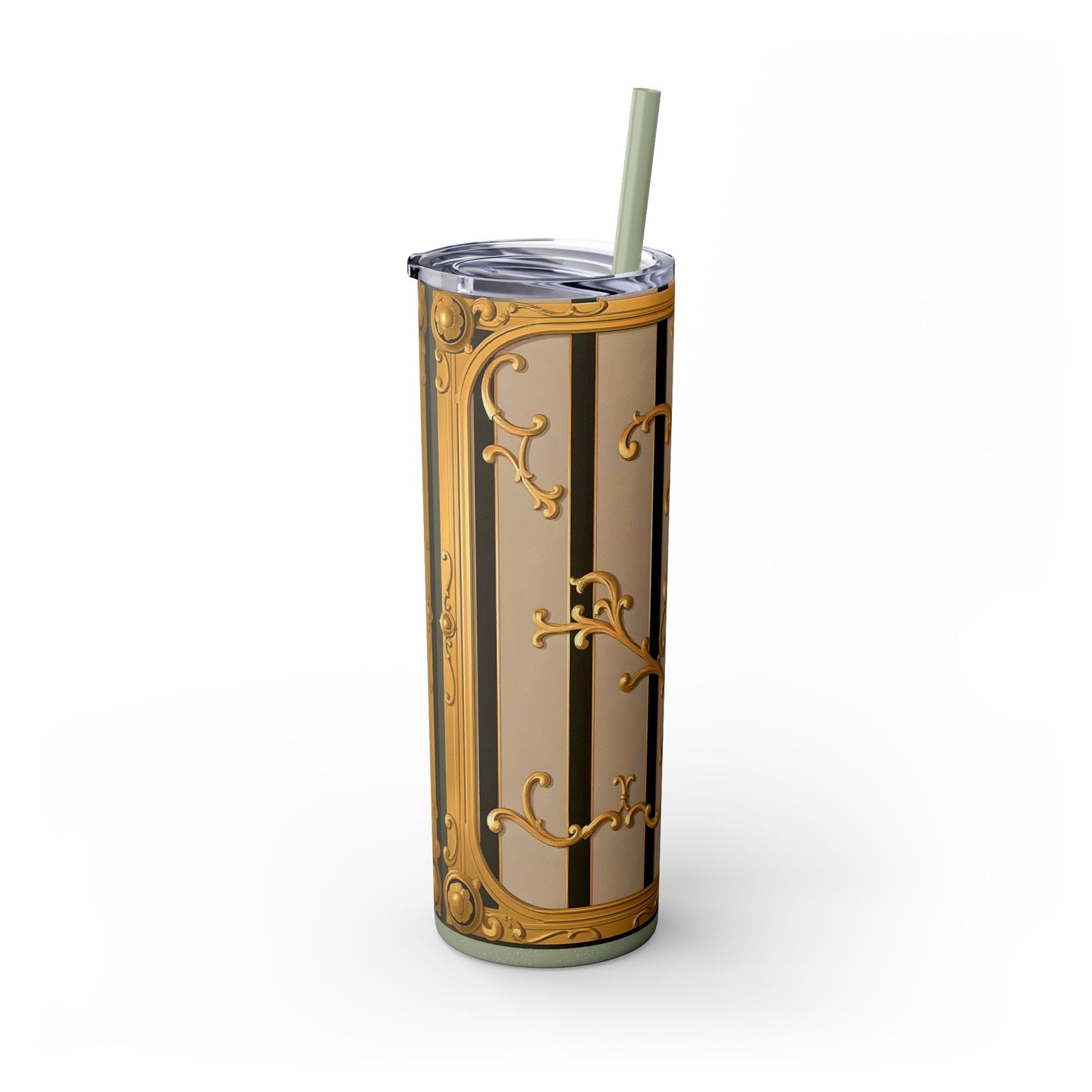 Skinny Tumbler with Straw, 20oz - Beige Striped Gold Rococo