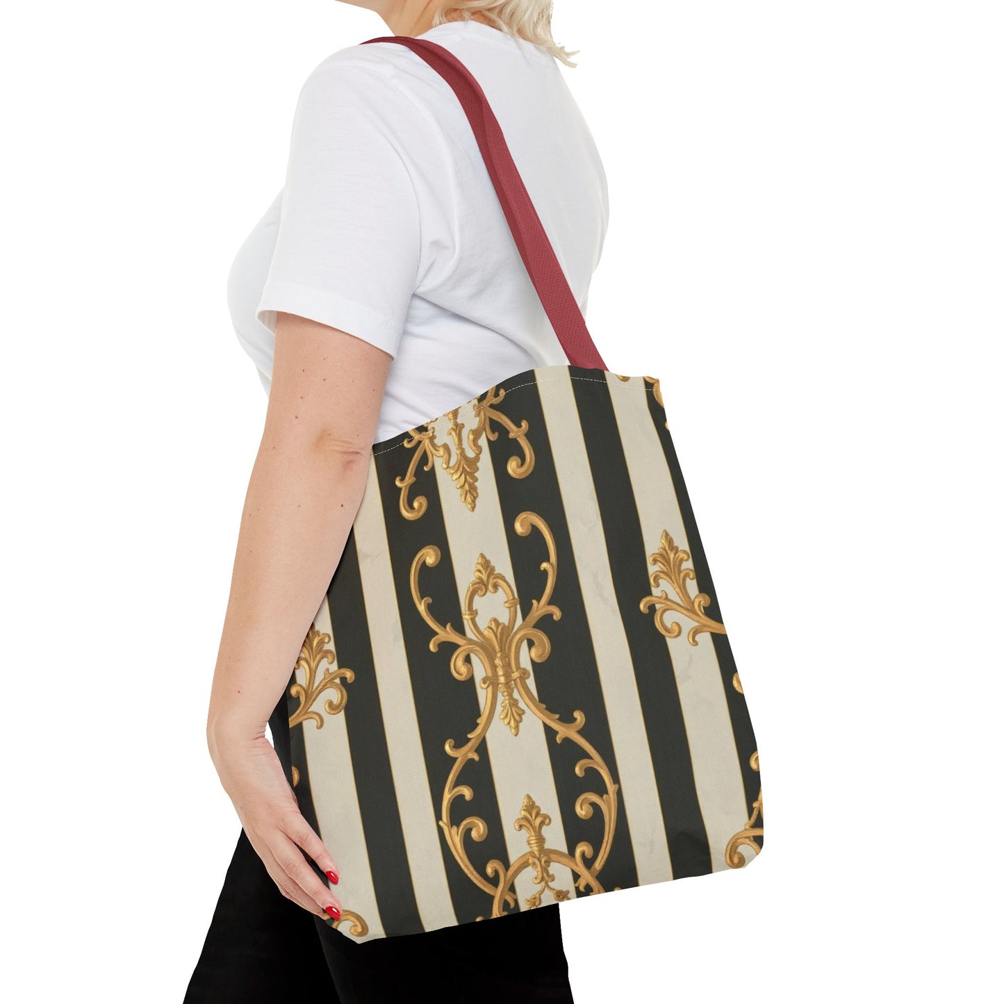 Elegant Black & Alabaster Striped Baroque Tote Bag, Stylish Shopping Bag, Fashion Accessory, Gift for Her, Reusable Bag, Perfect for Events