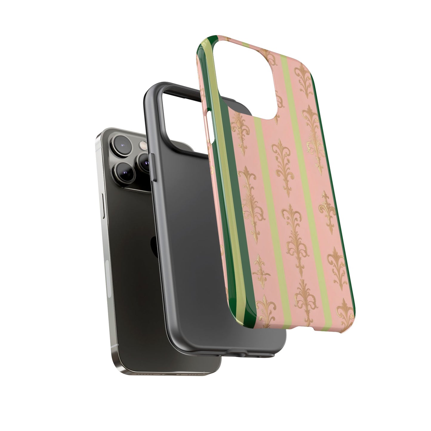 Elegant Floral Motif Phone Case - Tough Cases with Vintage Design - Lime Green & Pink Striped Damask