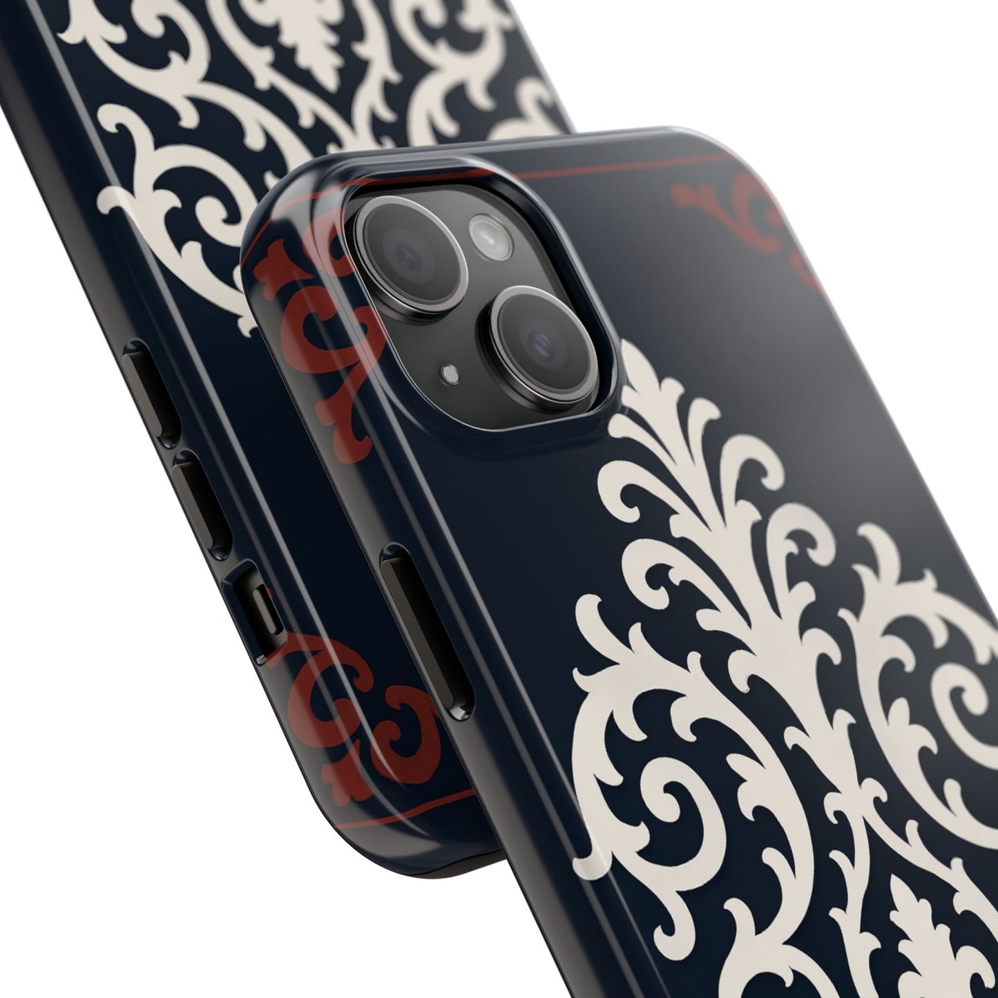 Dusk Blue-Maroon & White Baroque Tough Phone Case — Vintage Scroll Design
