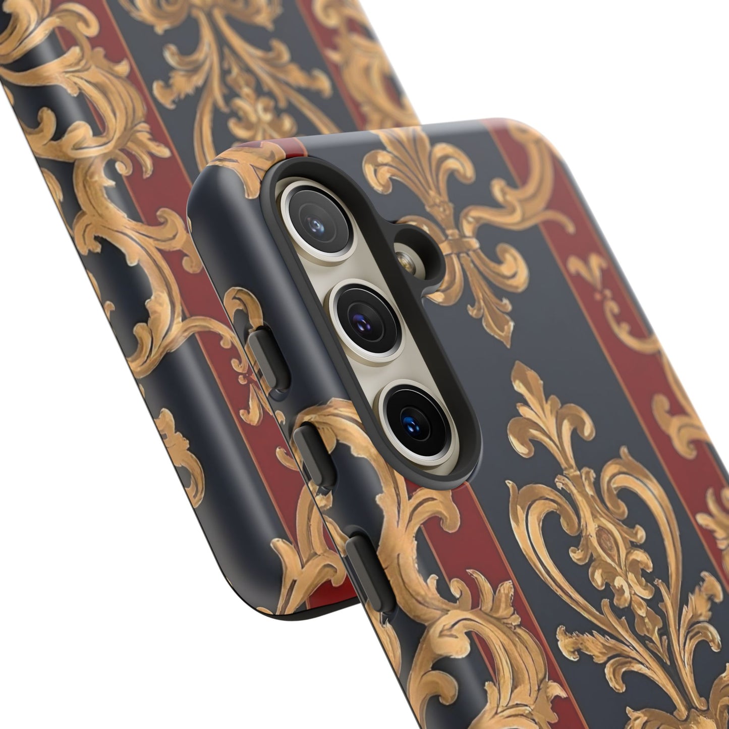 Elegant Floral Motif Phone Case - Tough Cases with Vintage Design - Midnight Blue & Dusk Red Striped Gold Damask
