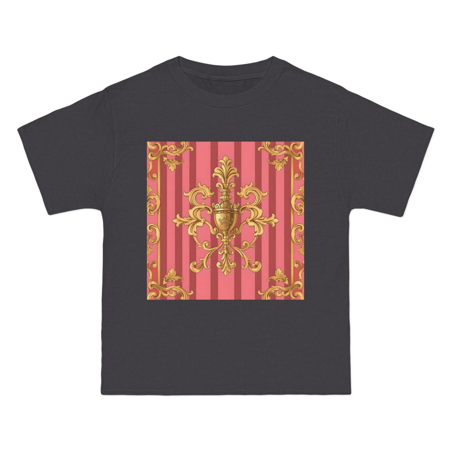 Chic Vintage Style Short-Sleeve T-Shirt - Elegant Baroque Design | Fashion Top, Gift for Her, Casual Wear - Pink Striped Gold Baroque