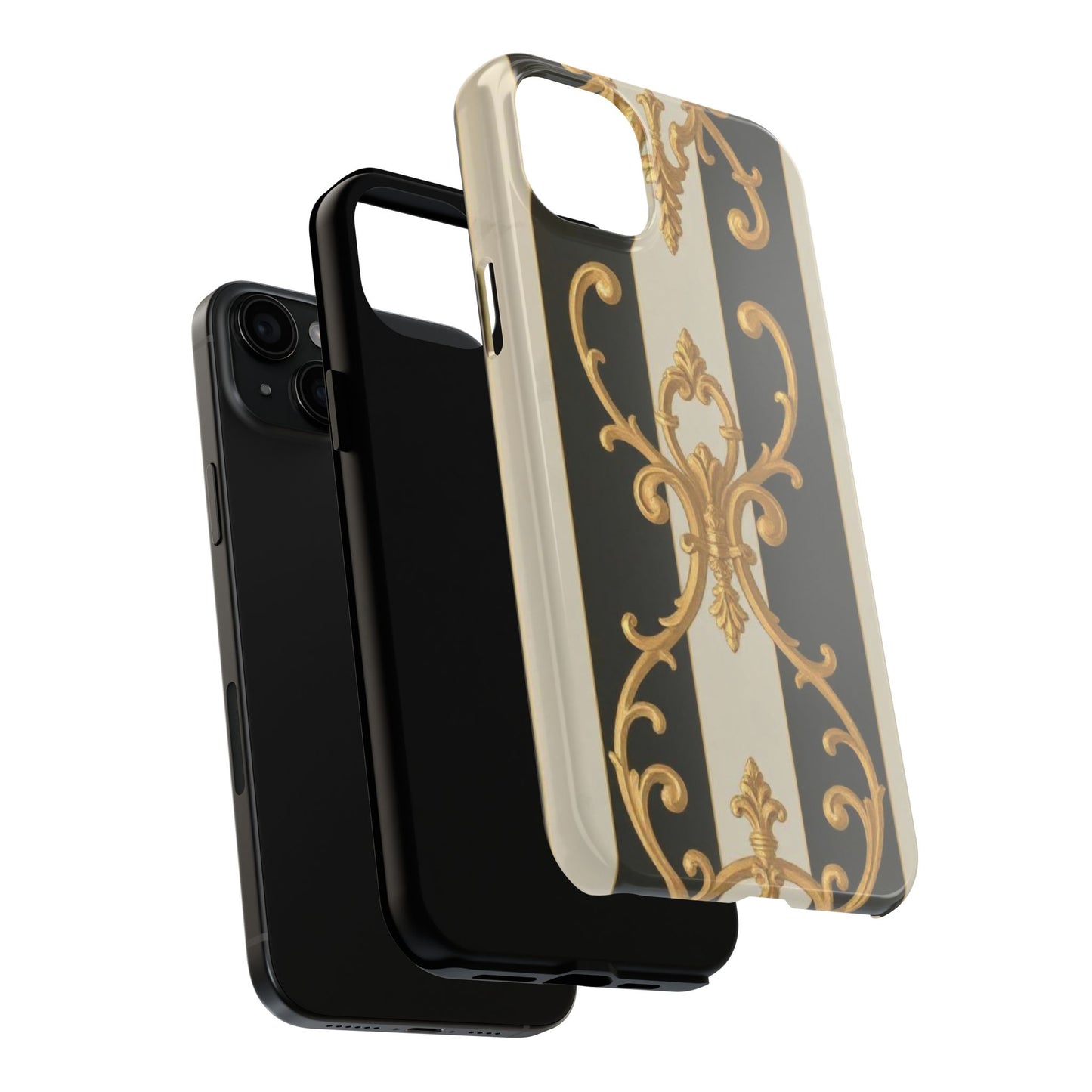 Elegant Black & Alabaster Striped Baroque Tough Phone Cases - Chic Protection, Black Gold Decor, Stylish Accessory, Gift for Her, Trendy Tech