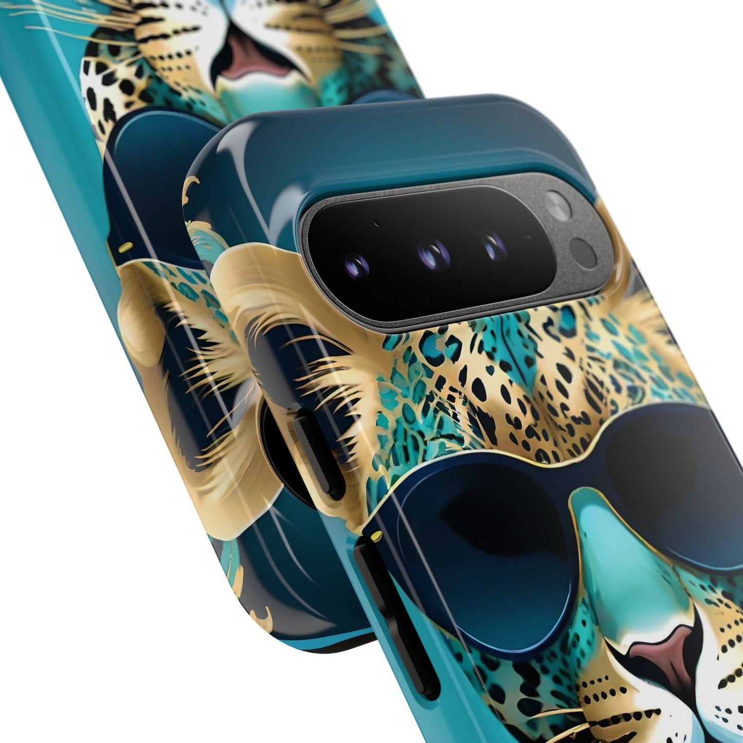 Phone Case - Aqua & Gold Leopard In Sunglasses Design