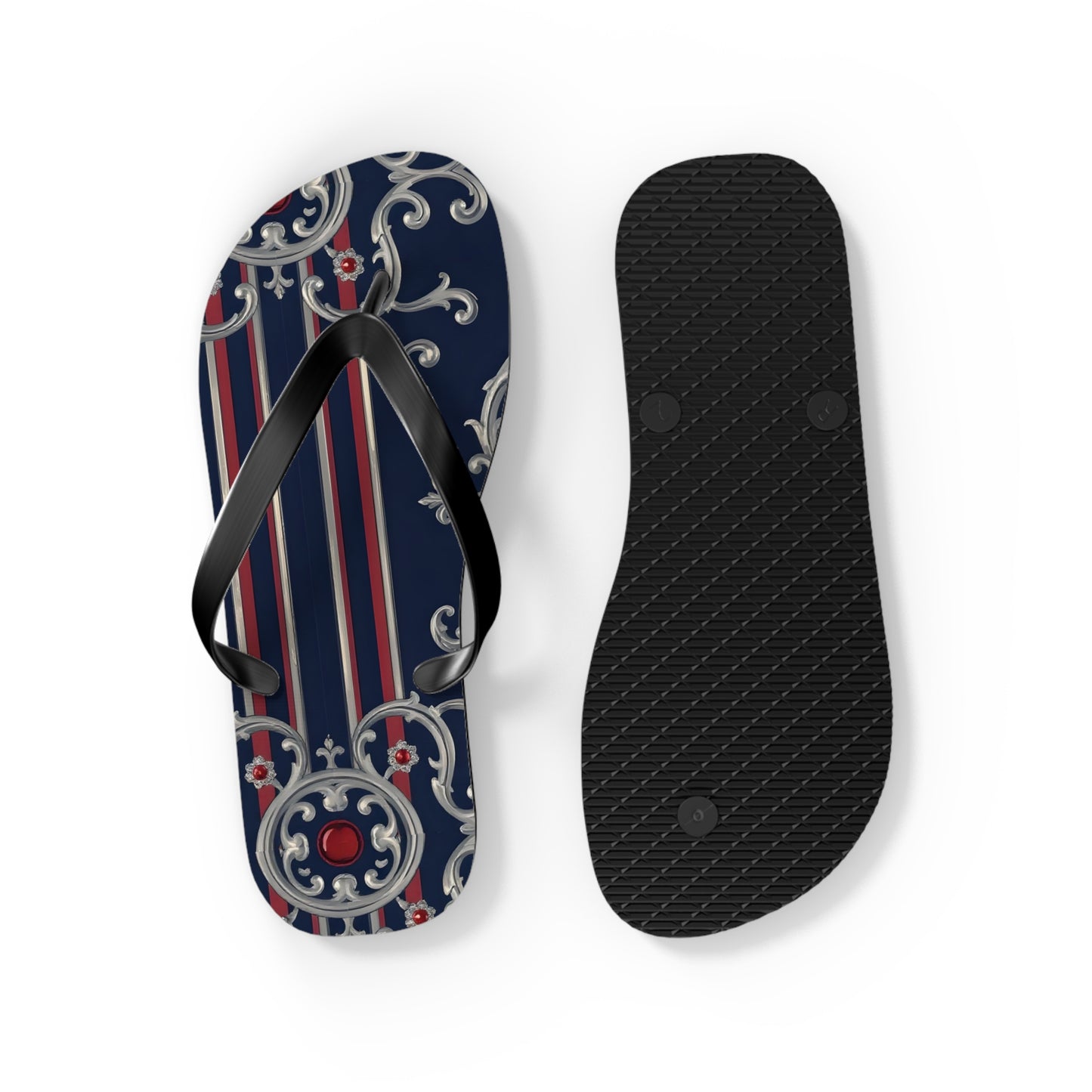 Elegant Nautical Flip Flops | Perfect for Beach Days, Summer Parties, Travel, Vacation, Poolside Relaxation - Blue & Red Striped Silver Baroque