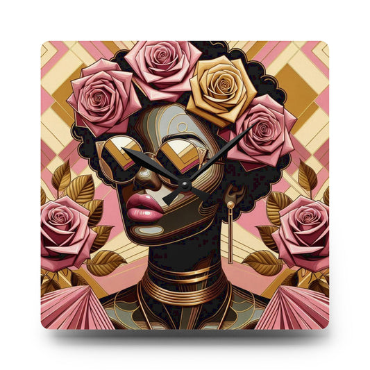 Elegant Afro Woman Acrylic Wall Clock with Floral Design, Boho Home Decor, Unique Wall Art, Gift for Her - Pink Roses Lady
