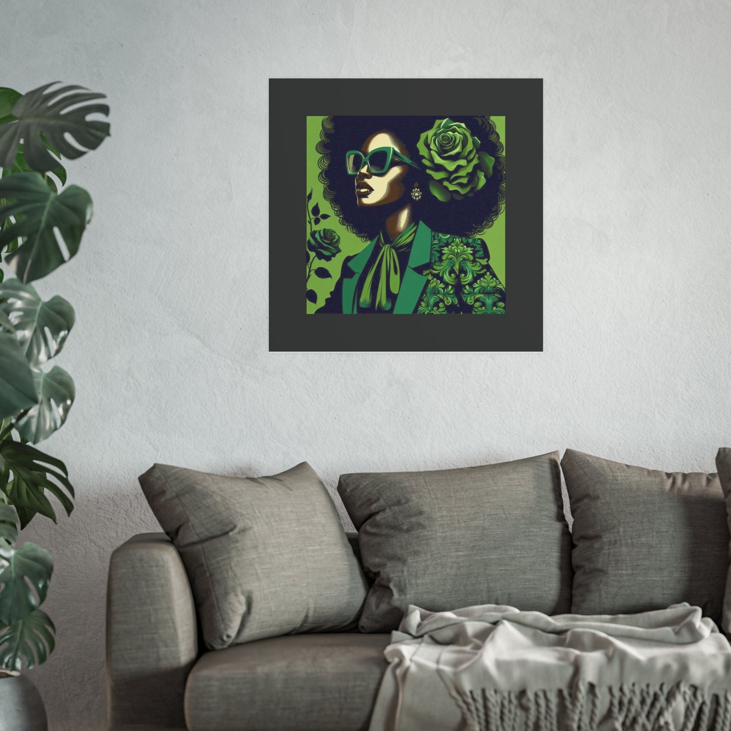 Chic Afrocentric Art Poster, Vibrant Wall Décor, Stylish Home Decoration, Damask Chic Art Print - Lady In Green Damask