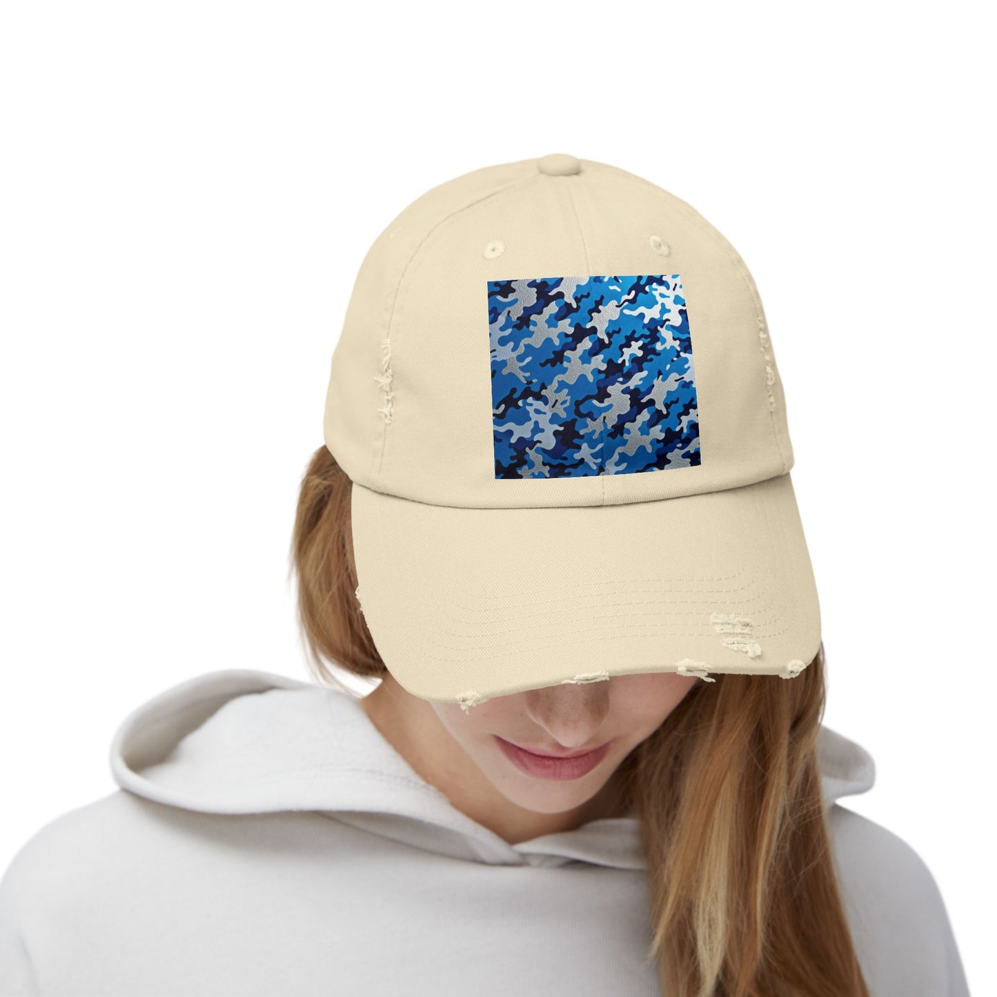 Stylish Unisex Distressed Cap, Casual Summer Hat, Trendy Gift for Him/Her, Comfortable Everyday Accessory - Blue Camo