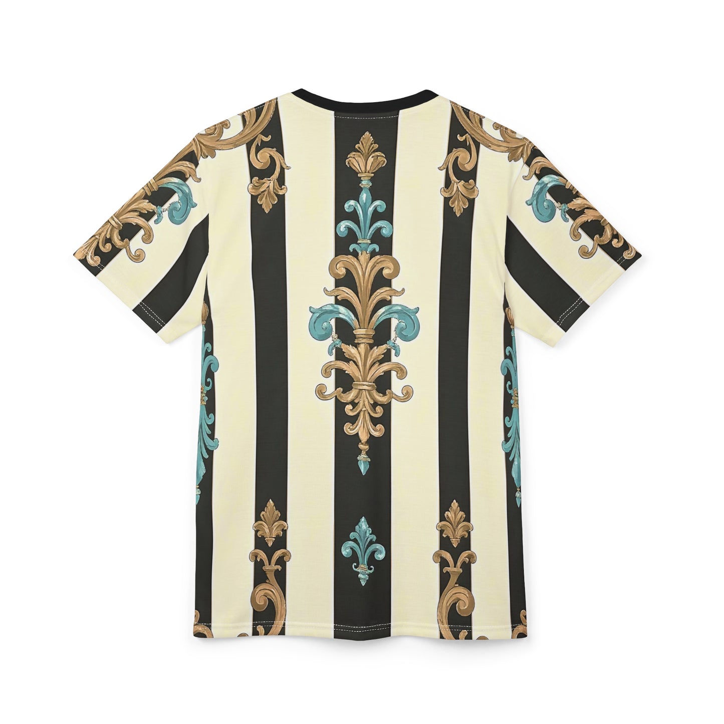 Stylish Unisex Patterned Tee, Fashion Tee for Men & Women, Casual Wear, Elegant Gift, Summer Top - Black Striped Turquoise & Black Rococo