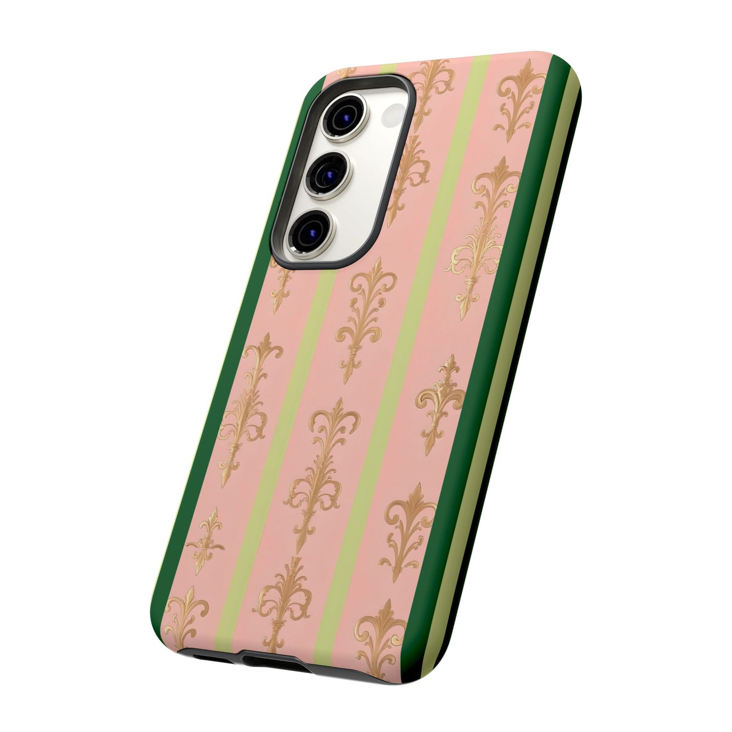Elegant Floral Motif Phone Case - Tough Cases with Vintage Design - Lime Green & Pink Striped Damask