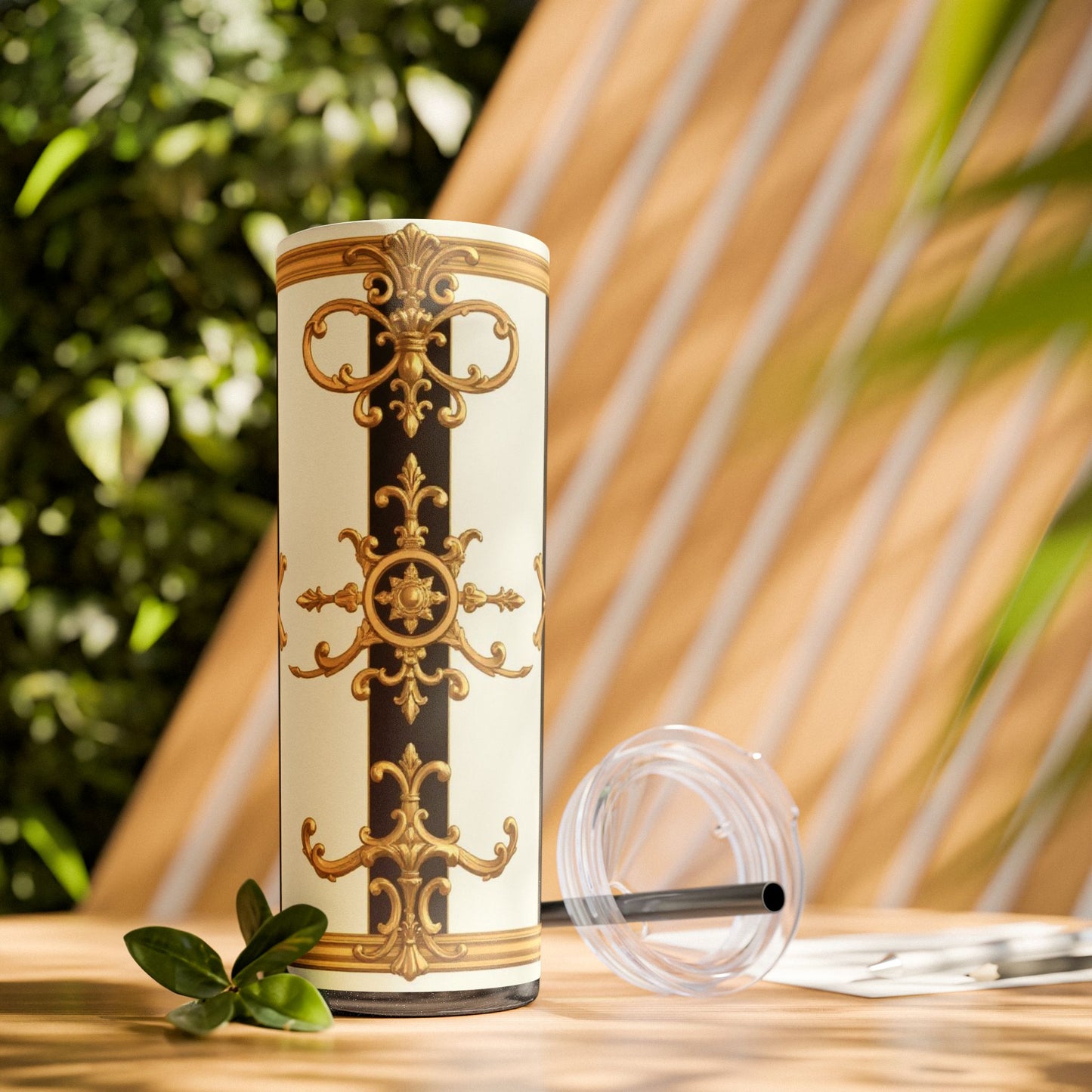 Elegant Gold Accents Skinny Tumbler, 20oz - Stylish Drinkware for Weddings, Parties, Gifts, or Everyday Use - Black & White Striped Gold Baroque