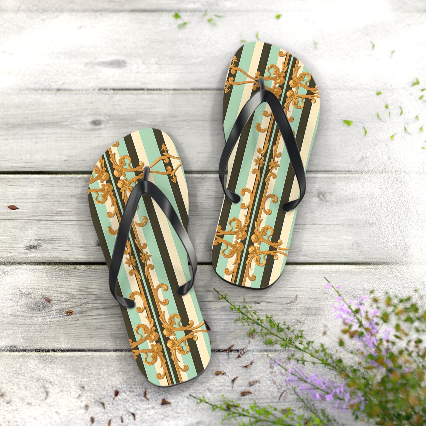 Elegant Patterned Flip Flops, Summer Sandals, Vacation Footwear, Beach Day Slippers, Festival Essentials - Black & Matte Mint Striped Rococo