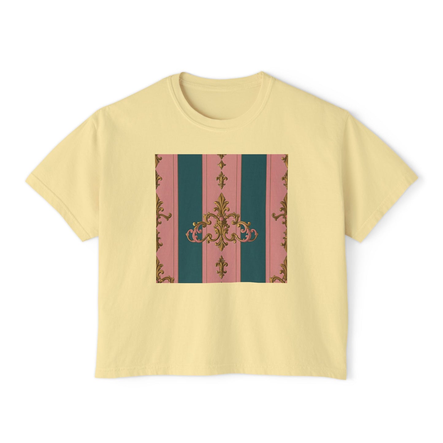 Chic Women's Boxy Tee with Elegant Floral Design, Casual Wear, Summer Fashion, Gifts for Her, Stylish Tee - Pink & Teal Striped Gold Baroque