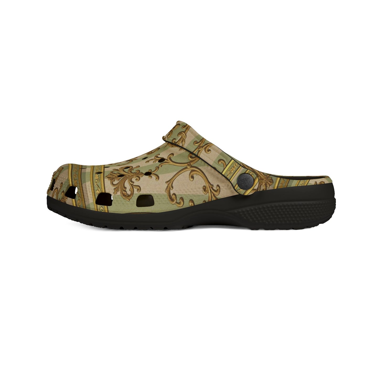 Stylish EVA Foam Clogs with Floral Design, Comfortable Garden Shoes, Unique Fashion Footwear - Mint & Beige Striped Gold Baroque