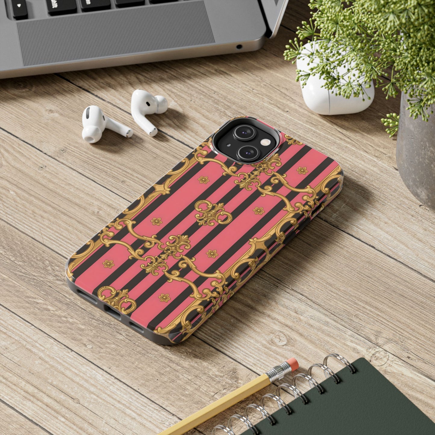 Elegant Baroque Tough Phone Cases, Stylish Protection, Gift for Her, Trendy Accessory - Pink & Black Striped Gold Baroque