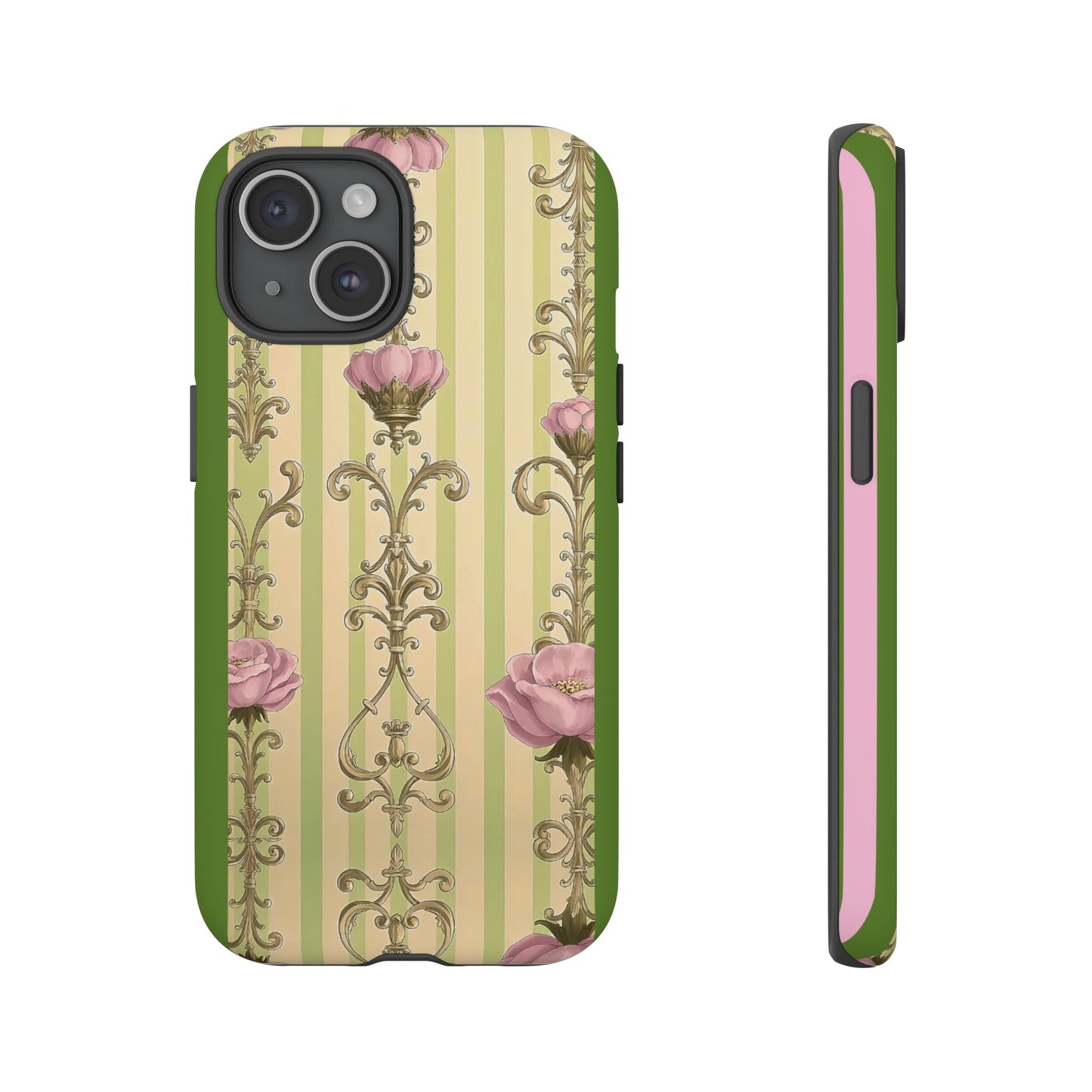 Elegant Floral Motif Phone Case - Tough Cases with Vintage Design - Lime Green & Pink Striped Damask