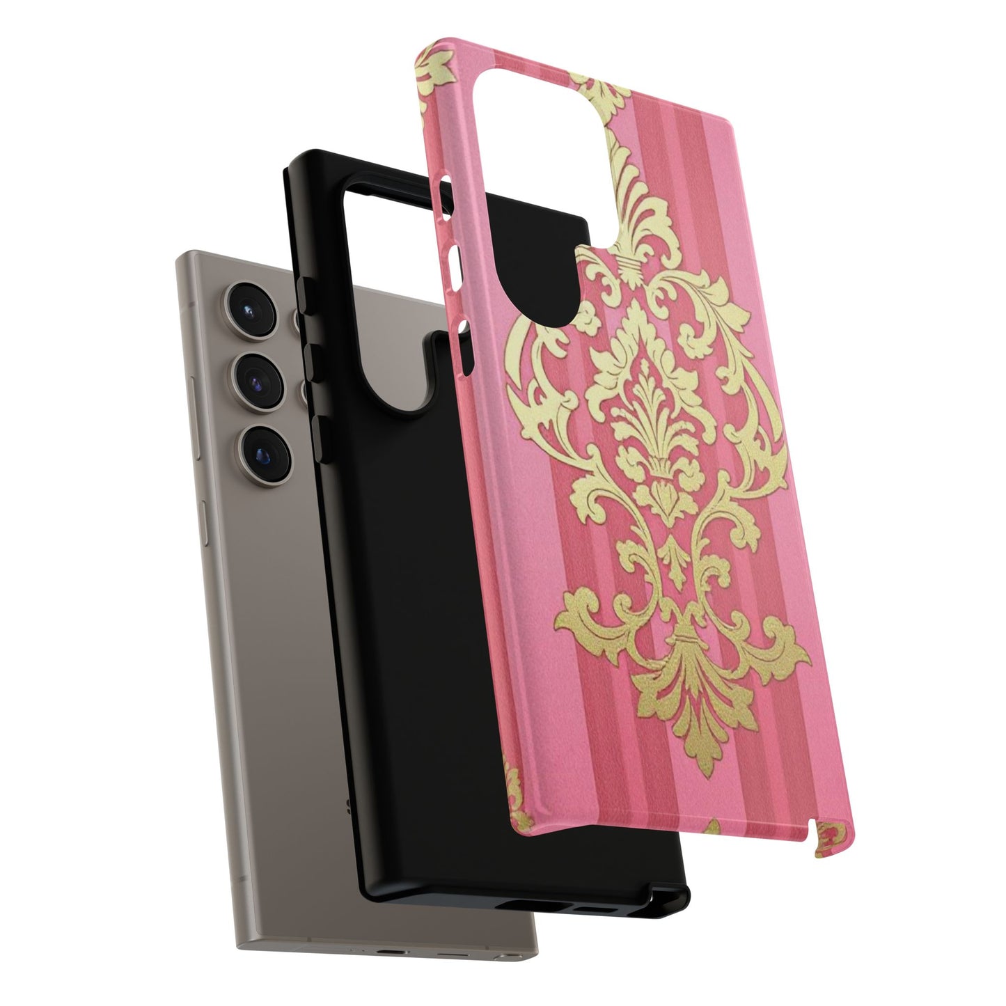 Elegant Floral Motif Phone Case - Tough Cases with Vintage Design - Pink Striped Damask