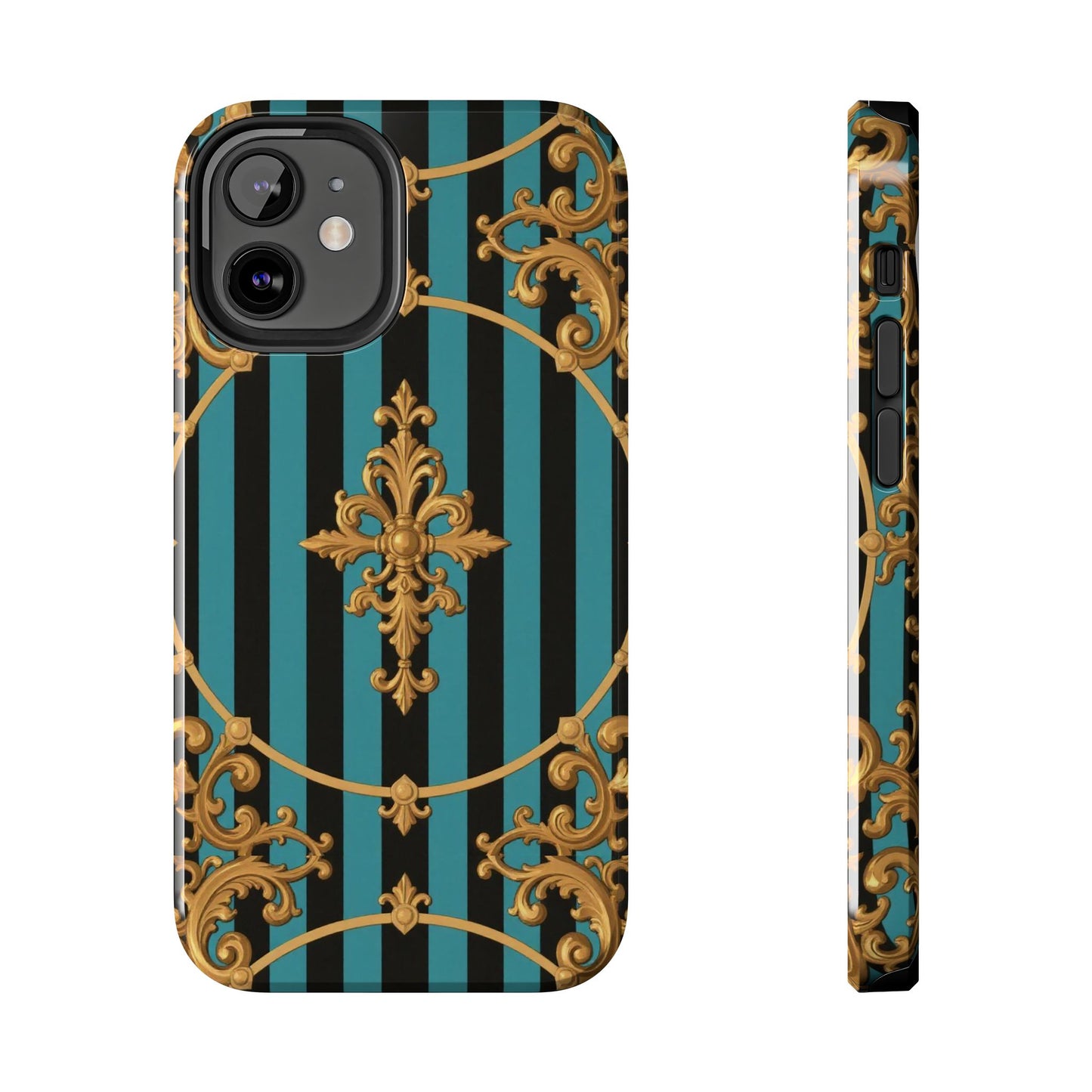 Elegant Turquoise & Black Striped Gold Baroque Phone Case, Tough Phone Cases for Fashion Lovers, Gift for Her, Luxury Accessories