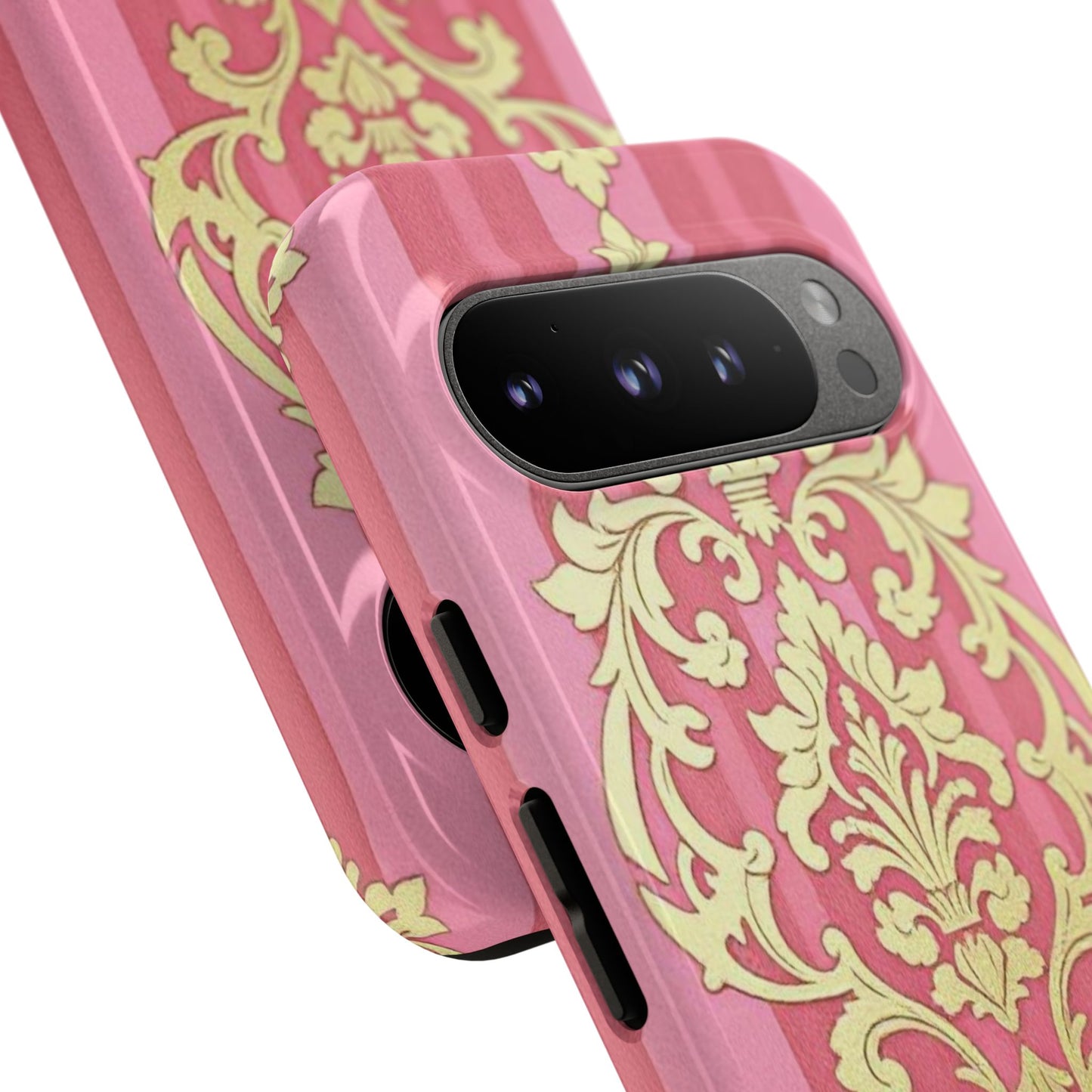 Elegant Floral Motif Phone Case - Tough Cases with Vintage Design - Pink Striped Damask