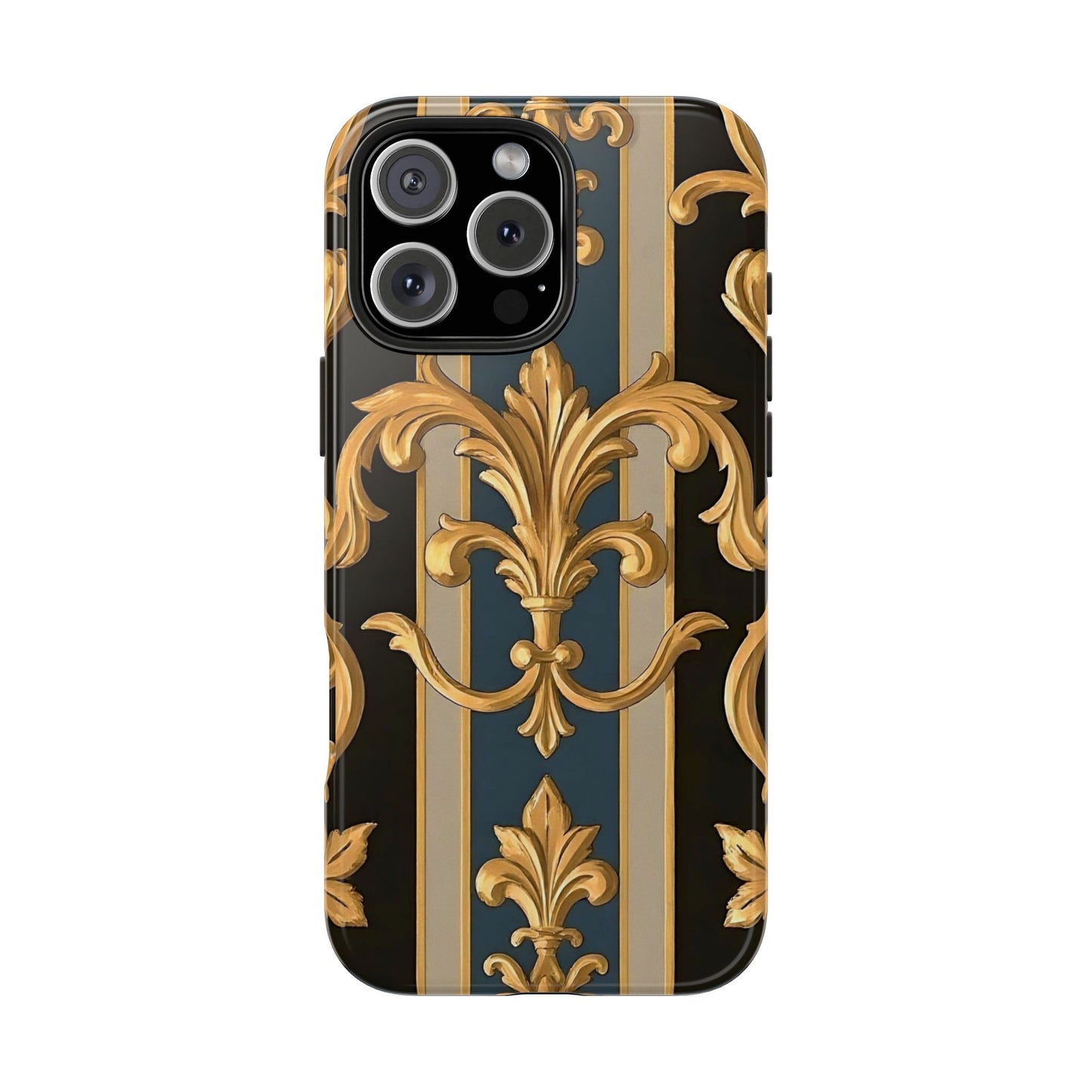 Elegant Rococo Phone Cases, Tough iPhone Case, Floral Design Case, Luxury Phone Cover - Blue & Black Striped Rococo