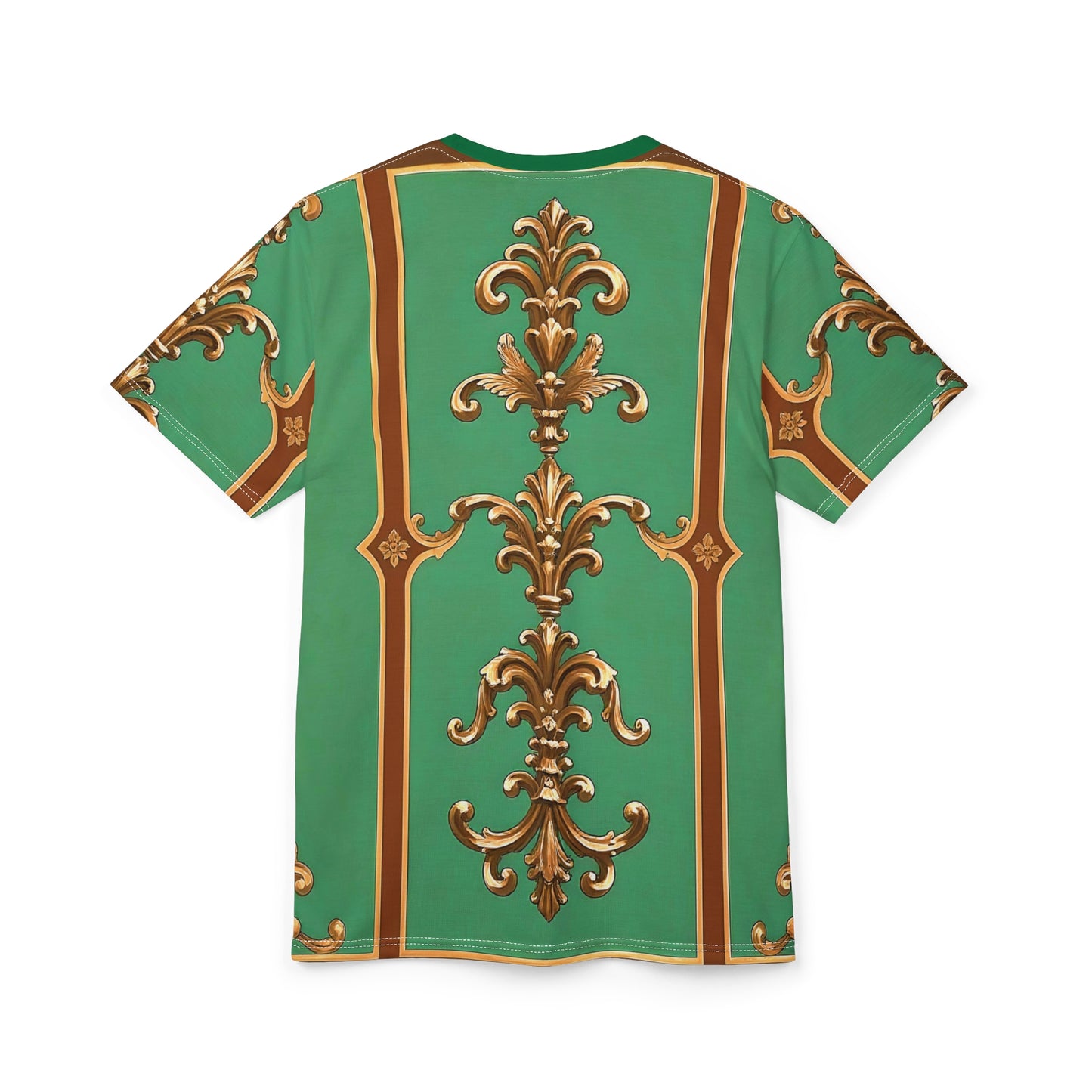 Luxurious AOP Unisex Cut & Sew Tee, Vintage Pattern Tee, Unique Graphic T-shirt, Fashion Statement Top - Rust & Green Striped Baroque