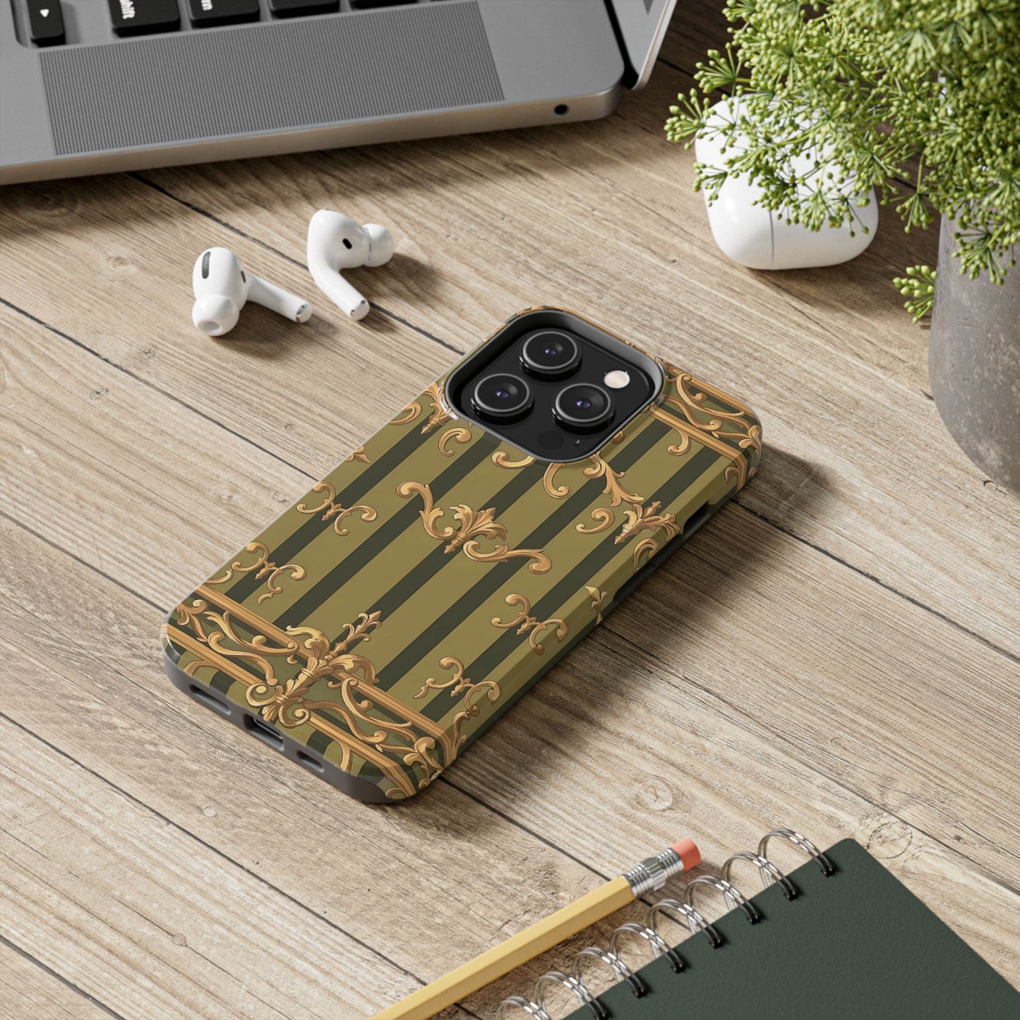 Elegant Vintage Phone Case - Tough Protection with Classy Design, Stylish Phone Cover for Fashion Lovers - Olive Green Striped Rococo