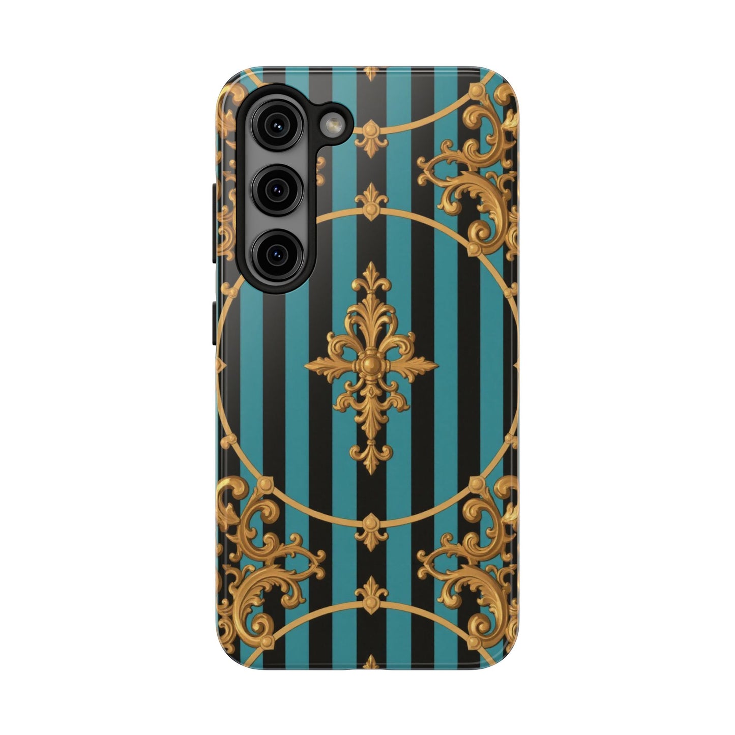 Elegant Turquoise & Black Striped Gold Baroque Phone Case, Tough Phone Cases for Fashion Lovers, Gift for Her, Luxury Accessories