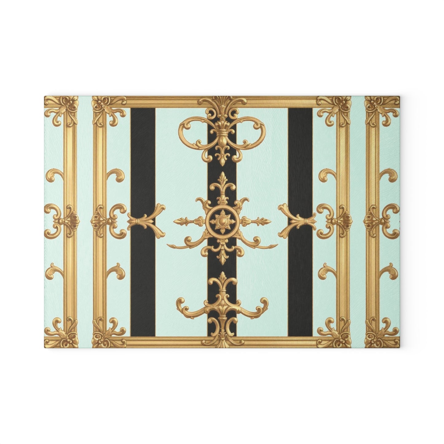 Elegant Glass Cutting Board, Chic Kitchen Decor, Housewarming Gift, Culinary Art, Unique Serving Tray - Black & White Striped Gold Baroque