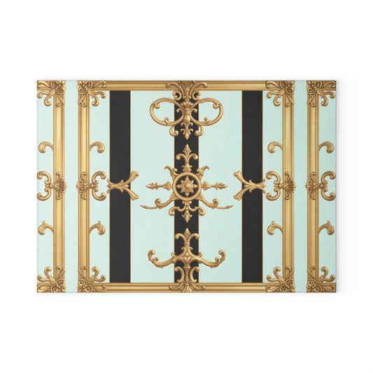 Elegant Glass Cutting Board, Chic Kitchen Decor, Housewarming Gift, Culinary Art, Unique Serving Tray - Black & White Striped Gold Baroque